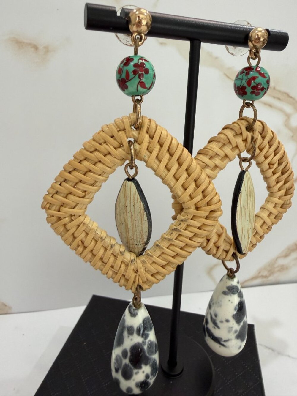 Boho Rattan Woven Diamond Drop Earrings Green Floral Bead Dalmatian Stone